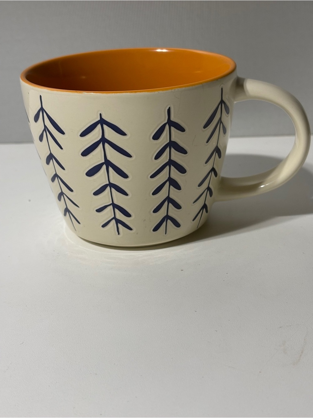 Opalhouse Cream Mug with Navy Leaf Stripe and Orange Interior